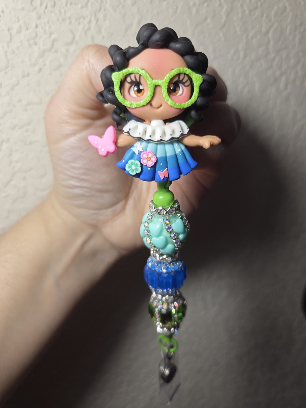 Cute Doll Charm Hair Accessory with Green Glitter Glasses